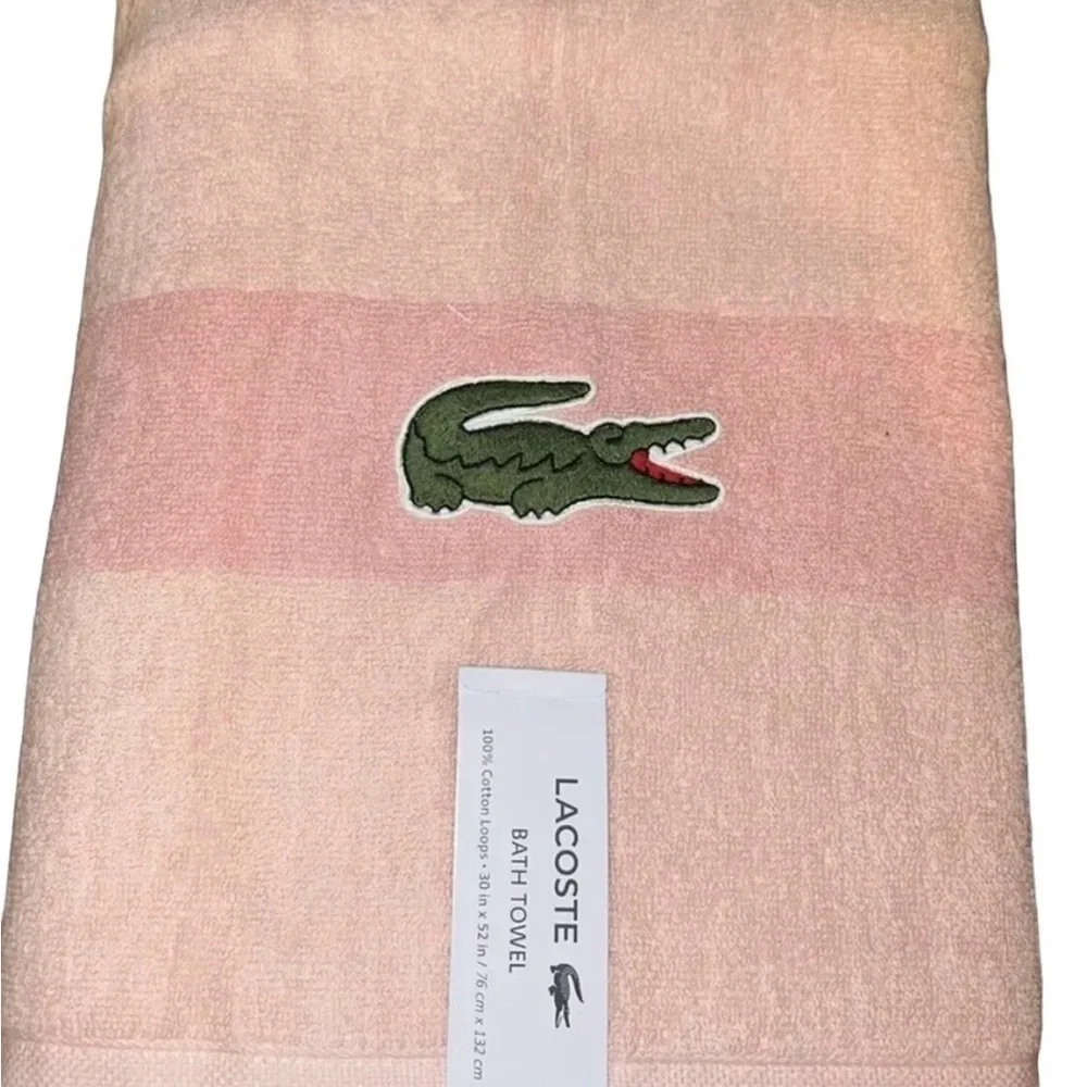 LACOSTE Lot of 3 Bath Towels Pink Large Crocodile 30x52 NWT